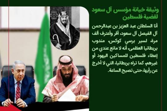 مقتطفات من خيانات المملكة السعودية للإسلام / وثيقة خيانة مؤسس آل سعود لقضية فلسطين