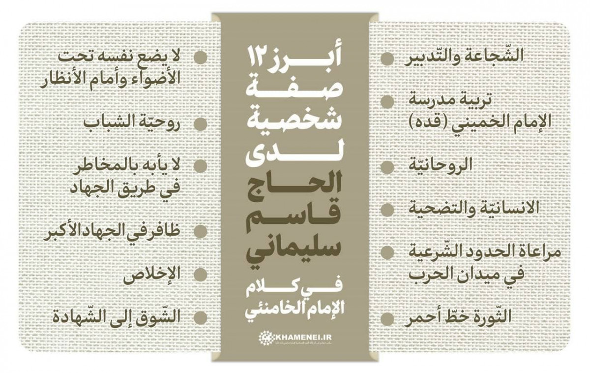 انفوجرافيك / أبرز 12 صفة شخصية لدى الحاج قاسم سليماني في كلام الإمام الخامنئي