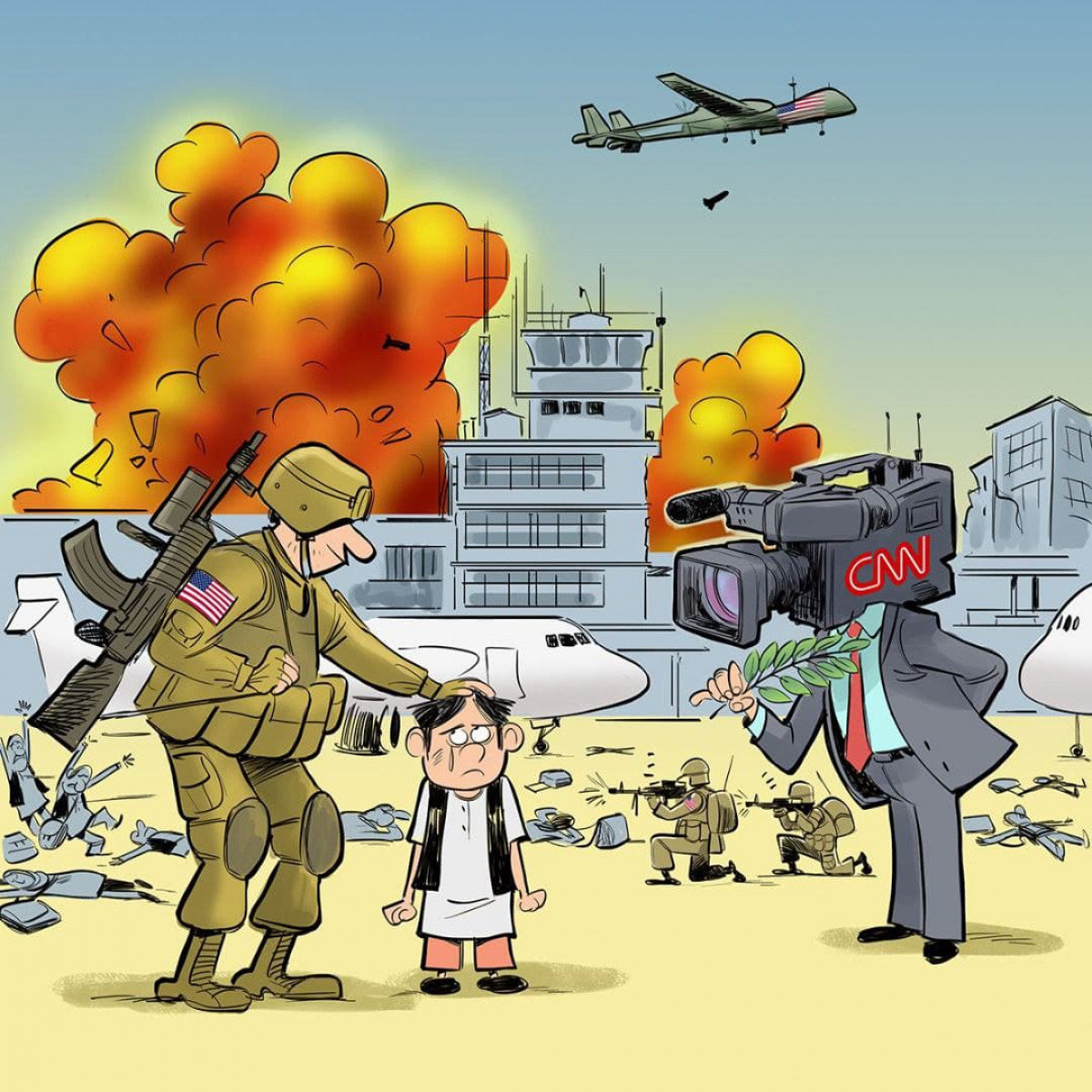 كاريكاتير / الإنسحاب الأمريكي من أفغانستان وتركيز الإعلام الغربي على الأحداث