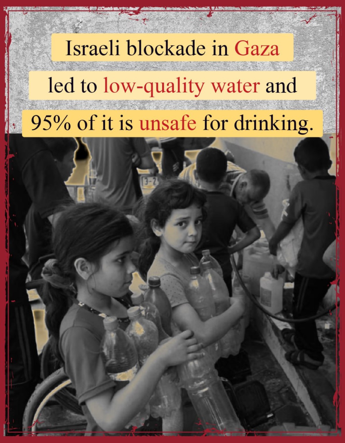 Israeli blockade in Gaza led to low-quality water and 95% of it is unsafe for drinking.