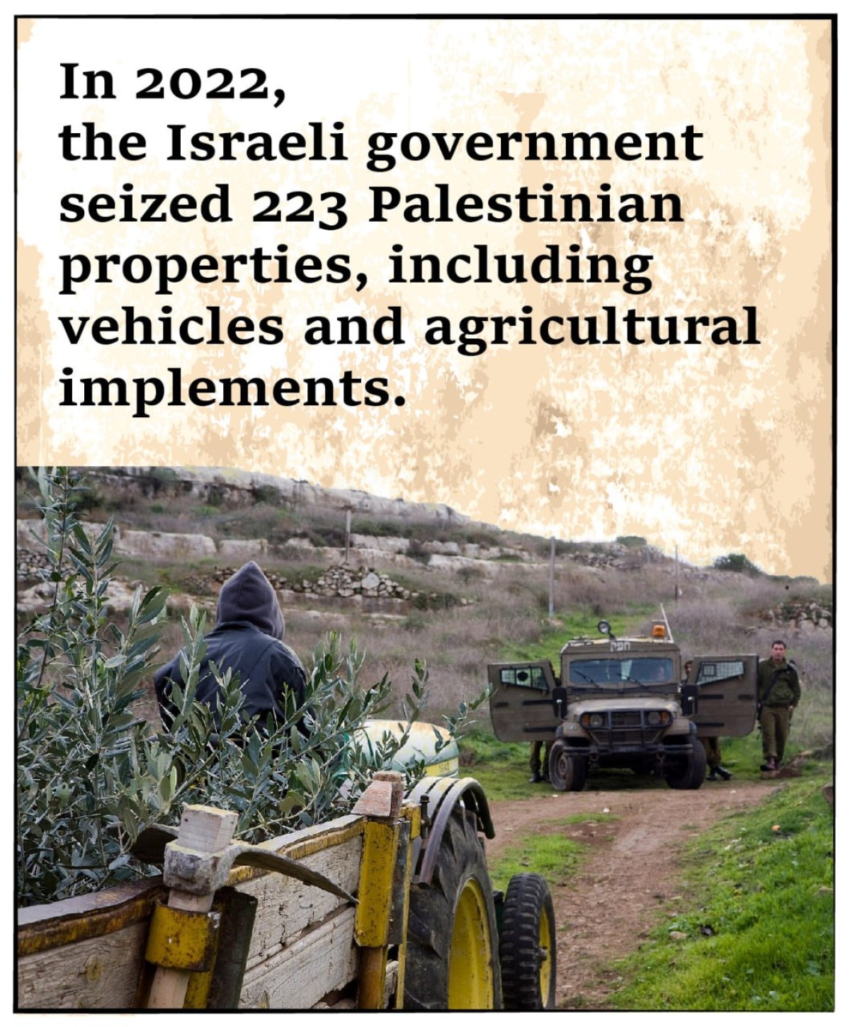 In 2022, the Israeli government seized 223 Palestinian properties, including vehicles and agricultural implements.
