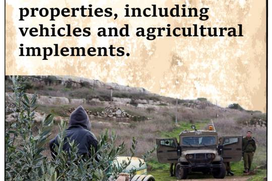 In 2022, the Israeli government seized 223 Palestinian properties, including vehicles and agricultural implements.