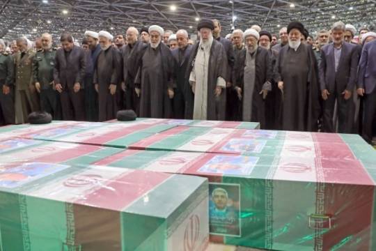 Imam Khamenei performs funeral prayer for Martyr Raeisi, his companions