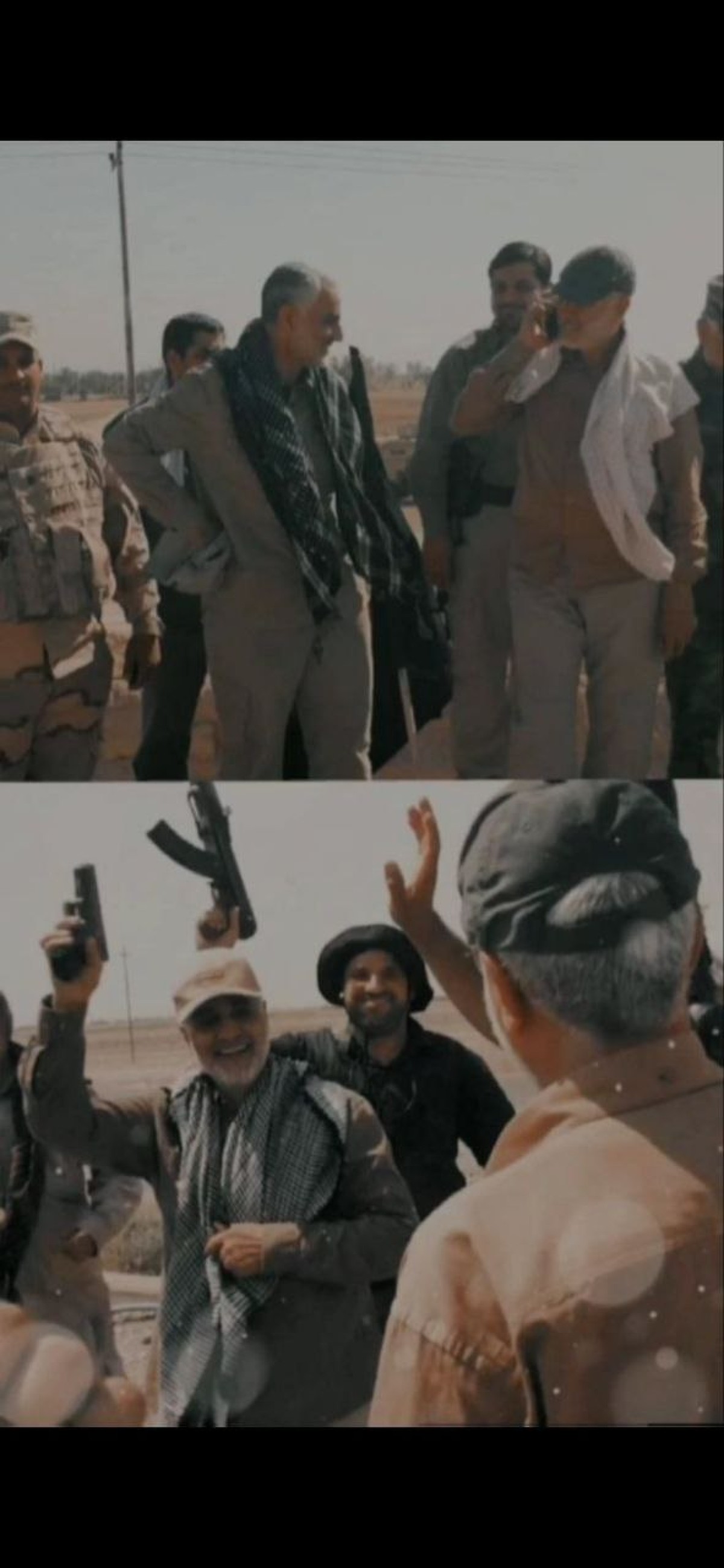 A picture of General Qassem Soleimani and Abu Mahdi Al Muhandis right after the liberation of the Iraqi city of Tikrit from ISIS savages