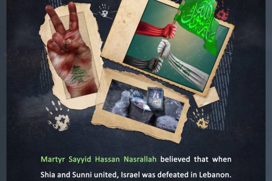 Martyr Sayyid Hassan Nasrallah believed that when Shia and Sunni united, lsrael was defeated in Lebanon