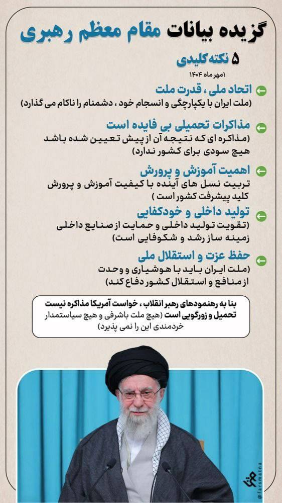 گزیده بیانات مقام معظم رهبری(۵ نکته کلیدی)