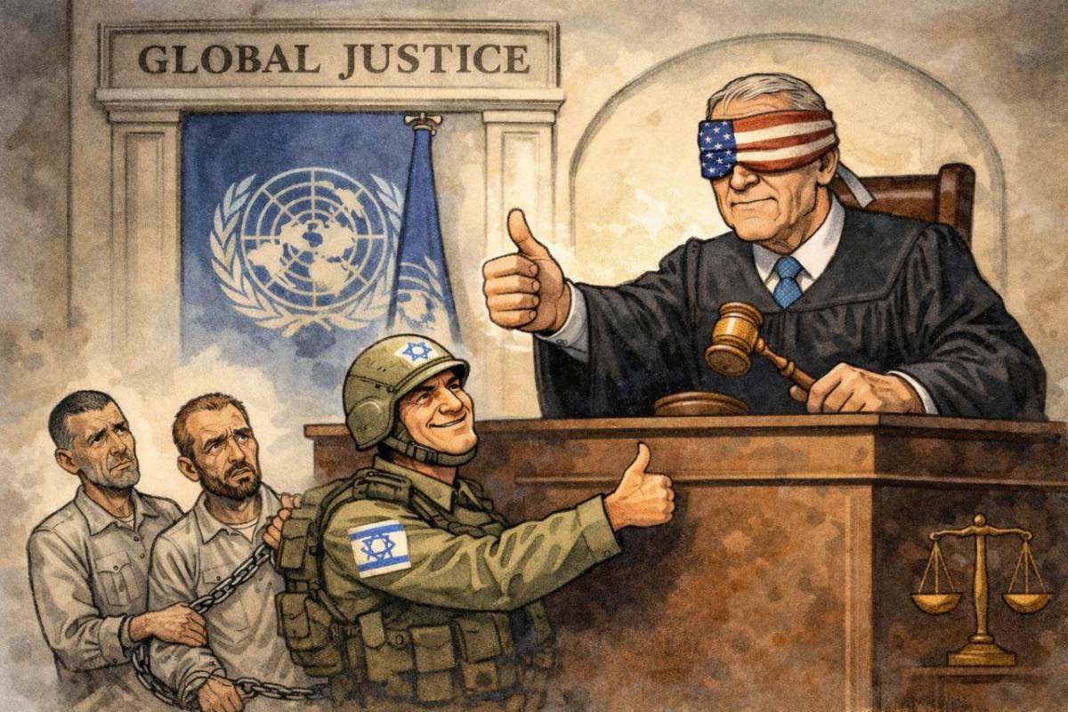 An international court whose eyes are not closed but covered with an American flag